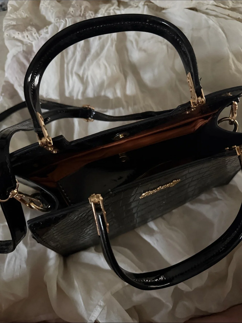 Black Croc-Embossed Top-Handle Shoulder Bag. NWOT. Never used